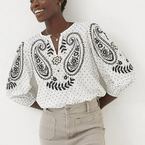 Fat Face Imogen Embroidered Blouse Size 12 Peasant Boho Hippie Balloon Sleeve